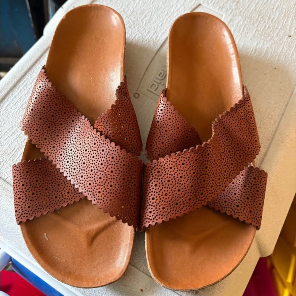 Women's Brown Perforated Leather Slide Sandals